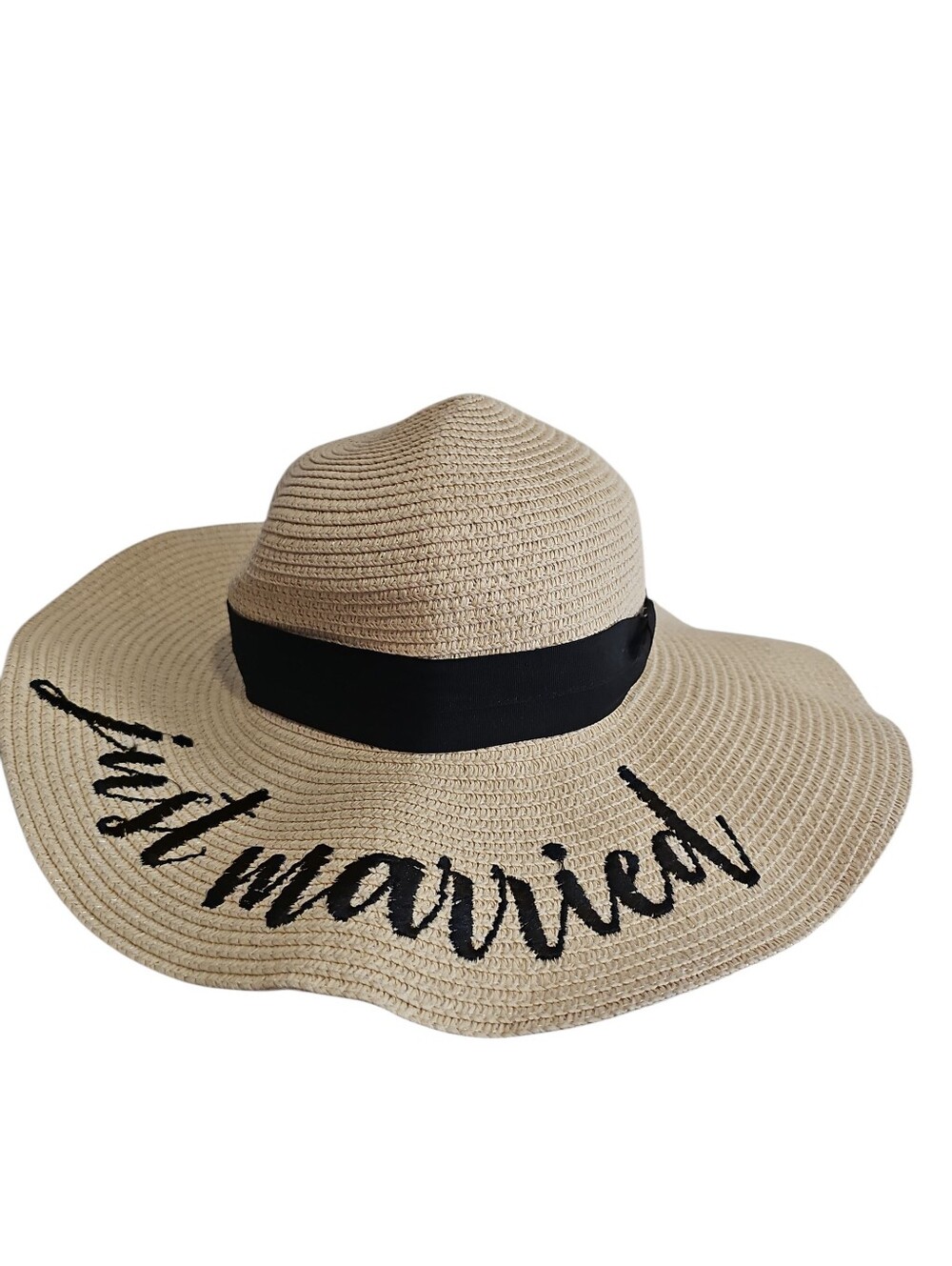 Floppy Straw Sun Hat with 'Just Married' Script - Black Trim
